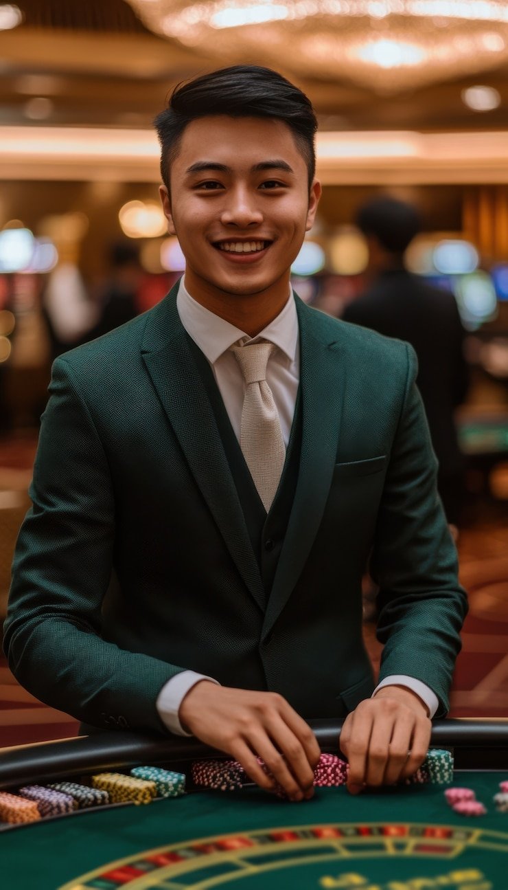 Meja kasino klasik dengan chip dan kartu di suasana live casino